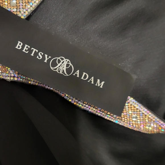 Betsy & Adam Crystal Crossed Straps Black Formal Gown with Cowl Back - Picture 9 of 11